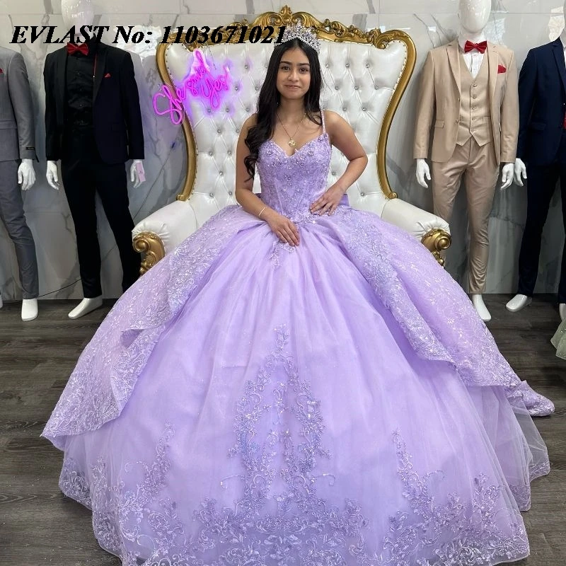 

EVLAST Shiny Lavender Quinceanera Dress Ball Gown 3D Flowers Applique Beaded Tiered Corset Sweet 16 Vestidos De XV 15 Anos SQ130