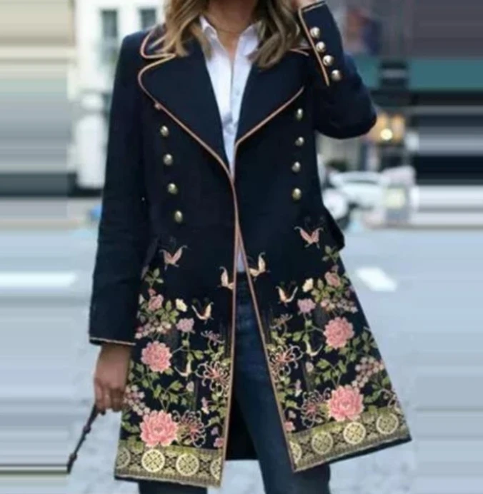 

Women's Jacket Autumn Fashion Floral Print Button Design Casual Notch Collar Long Sleeve Temperament Long Trench Coat Streetwear