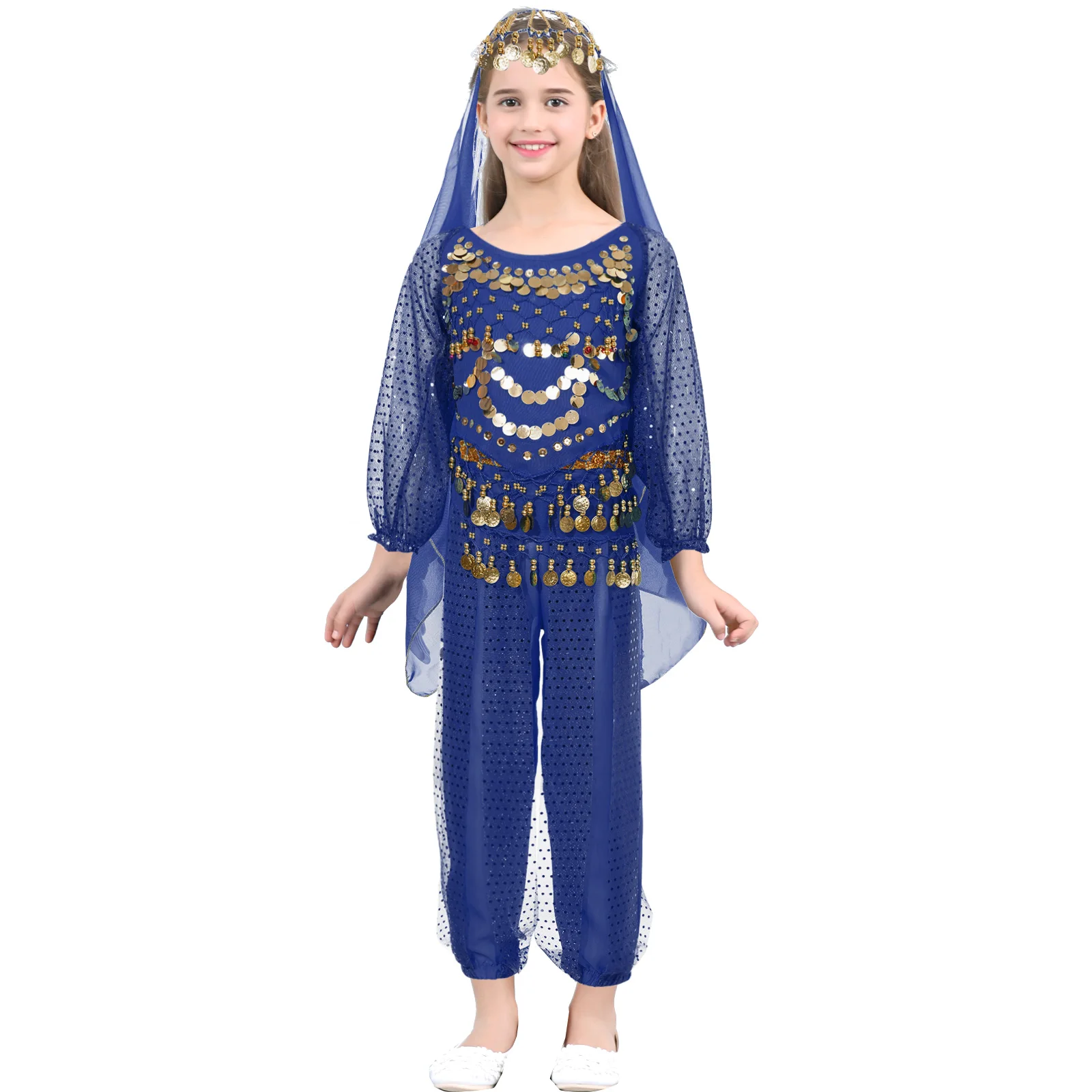 Halloween Kids Girls Belly Dance Outfit Glittery Sequins Lace-up Back Long Sleeve Crop Top with Bloomers Hip Scarf Headscarf
Halloween Kids Girls Belly Dance Outfit Glittery Sequins Lace-up Back Long Sleeve Crop Top with Bloomers Hip Scarf Headscarf