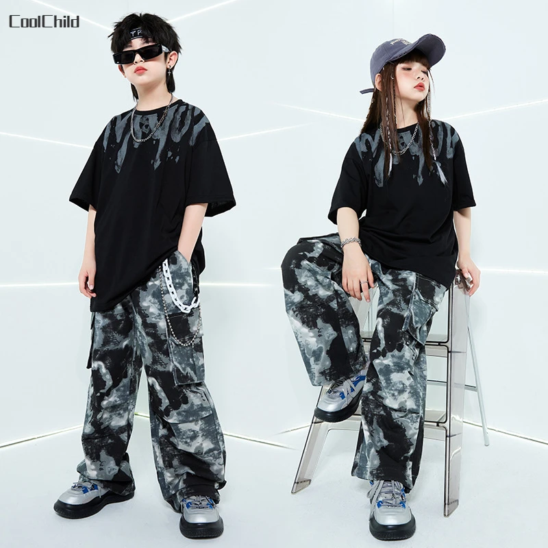 

Hip Hop Girls Boys Cool T-shirt Loose Tie Dyed Camouflage Cargo Pants Kids Street Dance Clothes Sets Children Teen Jazz Costumes