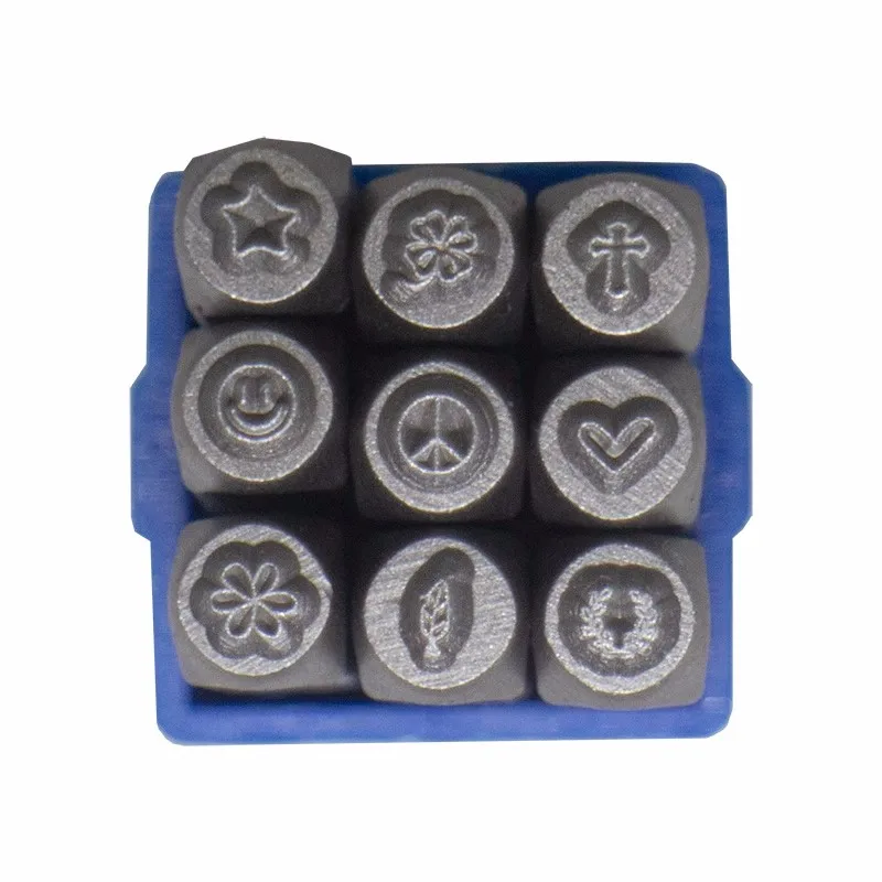 

RCIDOS 3MM Olive Branch Smile Face Heart Leaf Peace Pattern Design Steel punch stamp,Metal Jewelry Design Stamps 9pcs/box