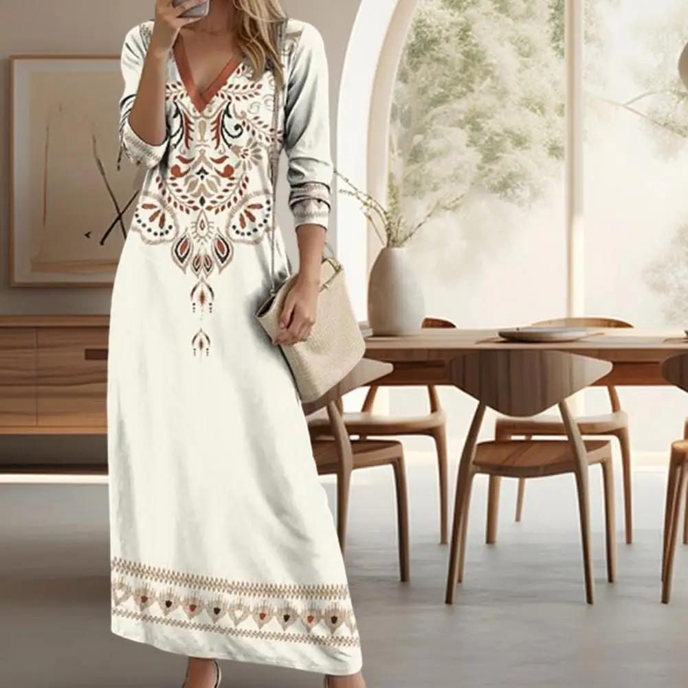Women Dress Bohemian V Neck Maxi Dress with Ethnic Print Long Sleeves for Women Soft Breathable A-line Pullover Ankle Length
Women Dress Bohemian V Neck Maxi Dress with Ethnic Print Long Sleeves for Women Soft Breathable A-line Pullover Ankle Length