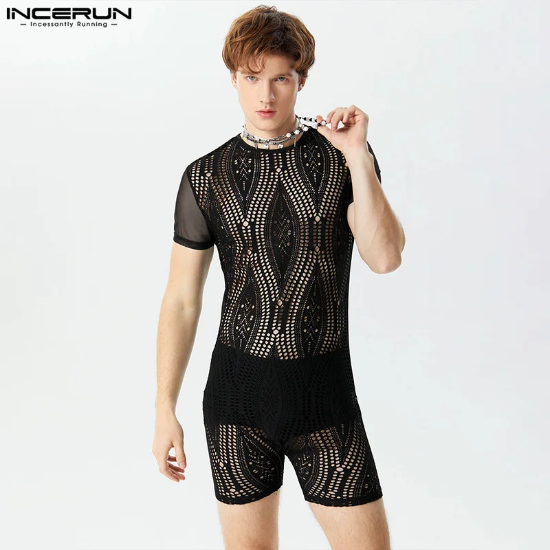 

Stylish Sexy Homewear Bodysuits INCERUN New Mens O-neck Rompers Fashion Perspective Lace Patchwork Short Sleeved Jumpsuits S-3XL