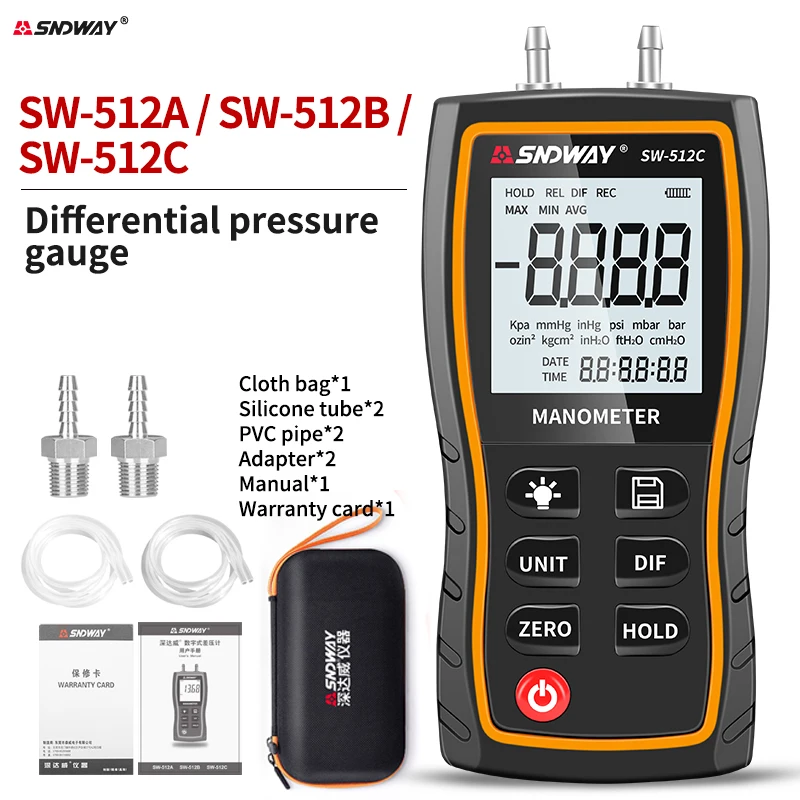 

SNDWAY SW-512 Series Digital Manometer Air Pressure Gauge ±103.42 KPa 0.01 Resolution air pressure Differential Gauge Kit Tools