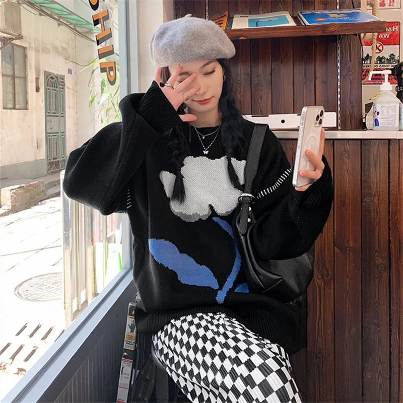 Sweet Floral Knitted Sweaters Preppy Style Women O-Neck Pullove Casual Loose Knitted Jumpers Autumn Winter Fashion Streetwear
Sweet Floral Knitted Sweaters Preppy Style Women O-Neck Pullove Casual Loose Knitted Jumpers Autumn Winter Fashion Streetwear