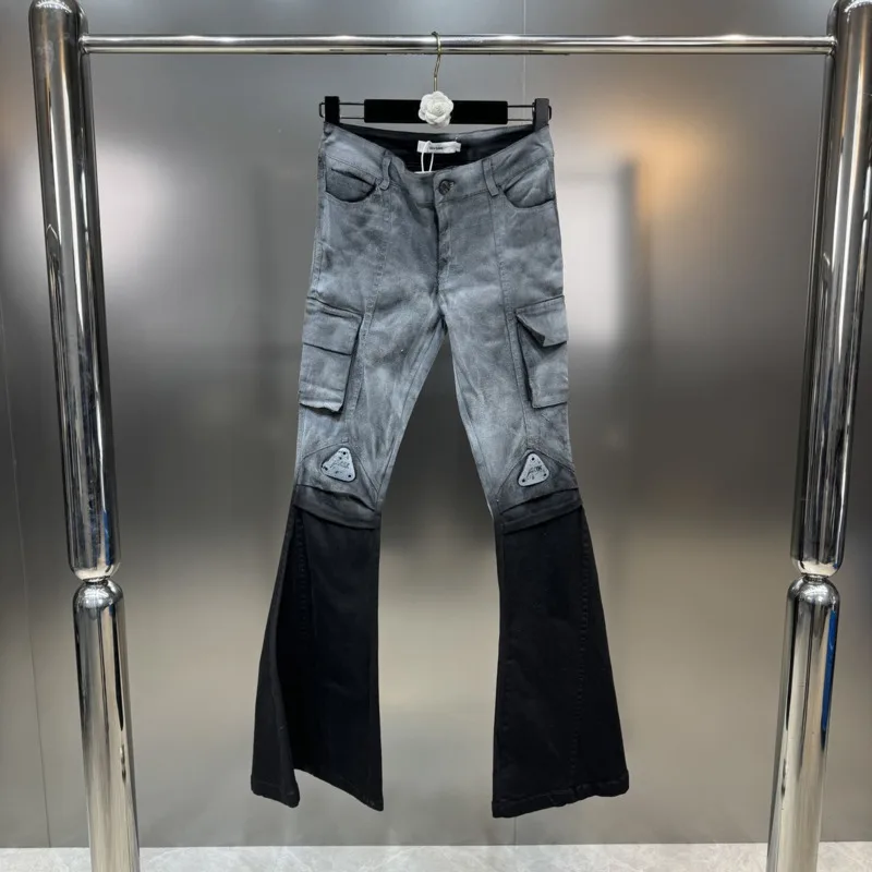 

BORVEMAYS Tie Dye Contrasting Colors Jeans Personality Street High Waist Pockets Slim Spring New 2024 Wide Leg Pants WZ3145