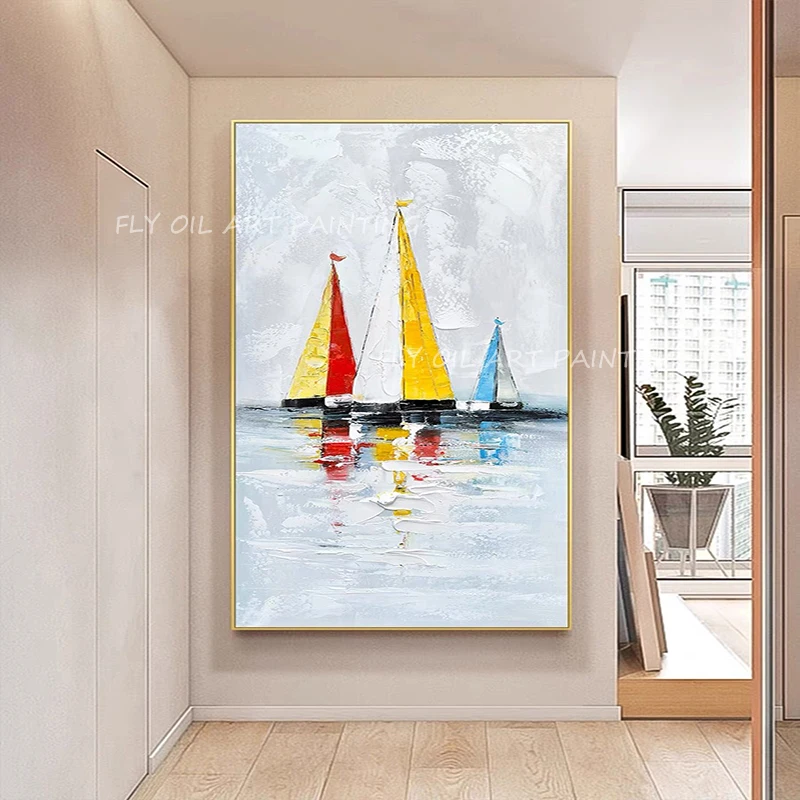 

100% Handmade ocean sea with sailboat landscape artwork modern artwork Oil Painting Porch Aisle For Living Room unframe as a gif