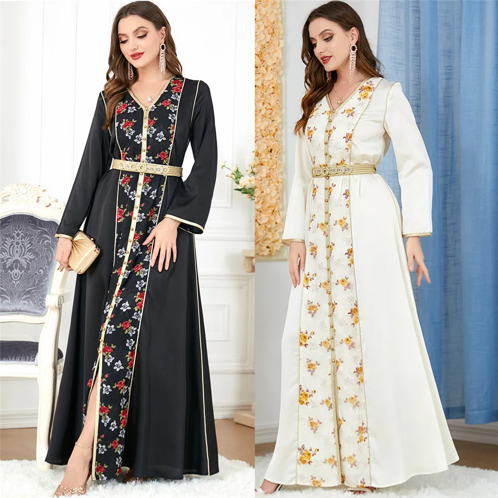 

Abaya For Muslim Women Floral Embroidery Lace Insert Belted Dress V-Neck Beading Islamic Dresses Jalabiya Ramadan Arabic Gown