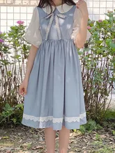 

QWEEK Sweet Kawaii Lolita Dress Women Preppy Style School Puff Sleeve Dresses Cute Peter Pan Collar Student Clothes 2022 Summer