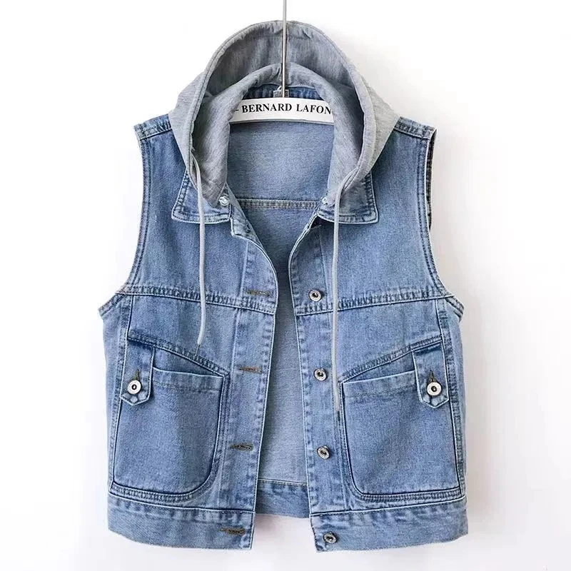 Classic Single-breasted Sleeveless Blue Short Denim Jacket Fashion Loose Slim Hooded Vest Sumemr New Casual Streetwear Waistcoat
Classic Single-breasted Sleeveless Blue Short Denim Jacket Fashion Loose Slim Hooded Vest Sumemr New Casual Streetwear Waistcoat