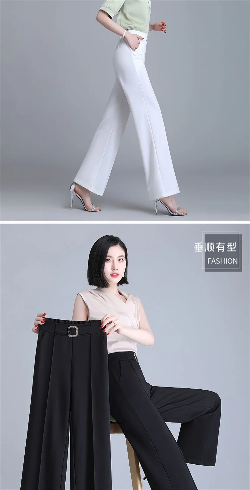 Spring Summer Straight Trousers Women Casual Pants Streetwear Elastic Waist Wide-leg Pants Comfy White Black Suit Pants 2 Length 28 S57a63c721e3f4fffabeb392c56f35f814
