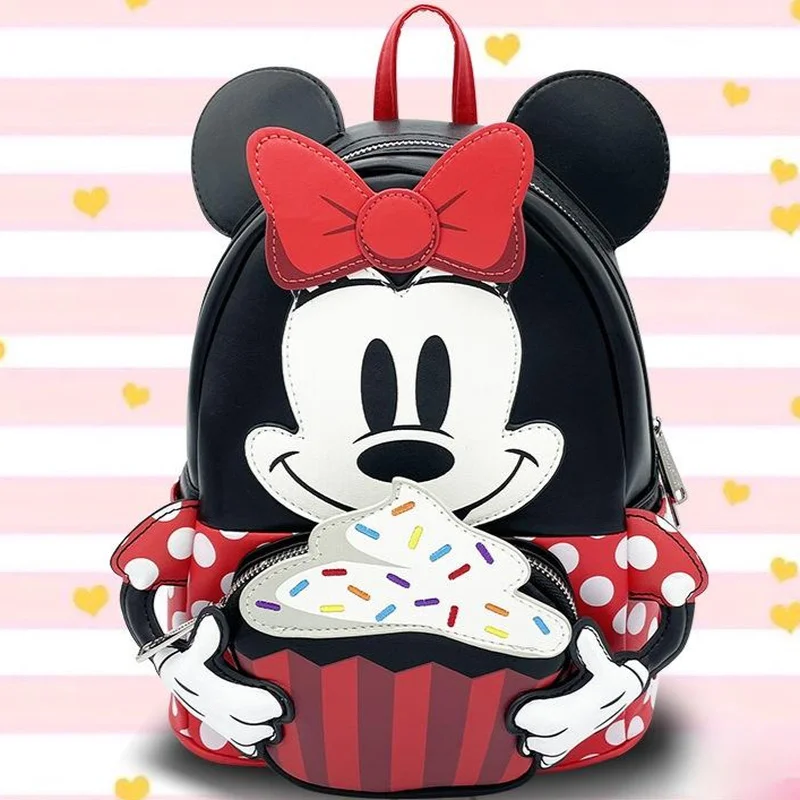 

Disney Mickey Mouse Peripheral Pu Leather Stitching Women's Backpack Cupcake Minnie Cute Leisure Travel Bag Mini Student Bag