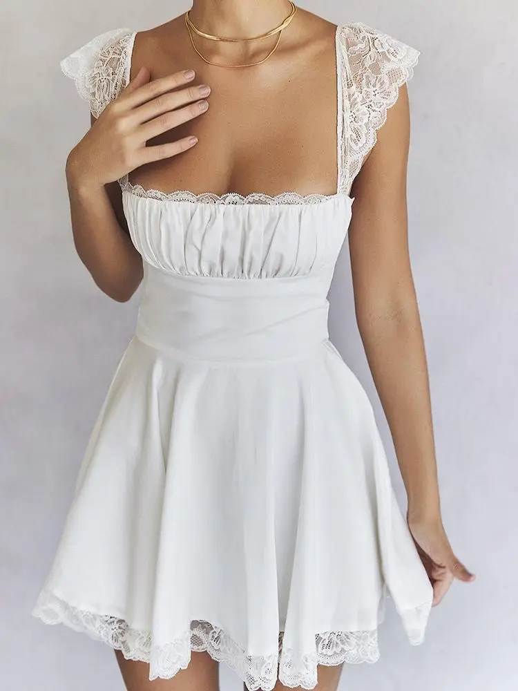 2023 Summer Elegant White Lace Strap Mini Dress For Women Fashion Sleeveless Backless Loose Sexy Short Dresses Pure Color
2023 Summer Elegant White Lace Strap Mini Dress For Women Fashion Sleeveless Backless Loose Sexy Short Dresses Pure Color