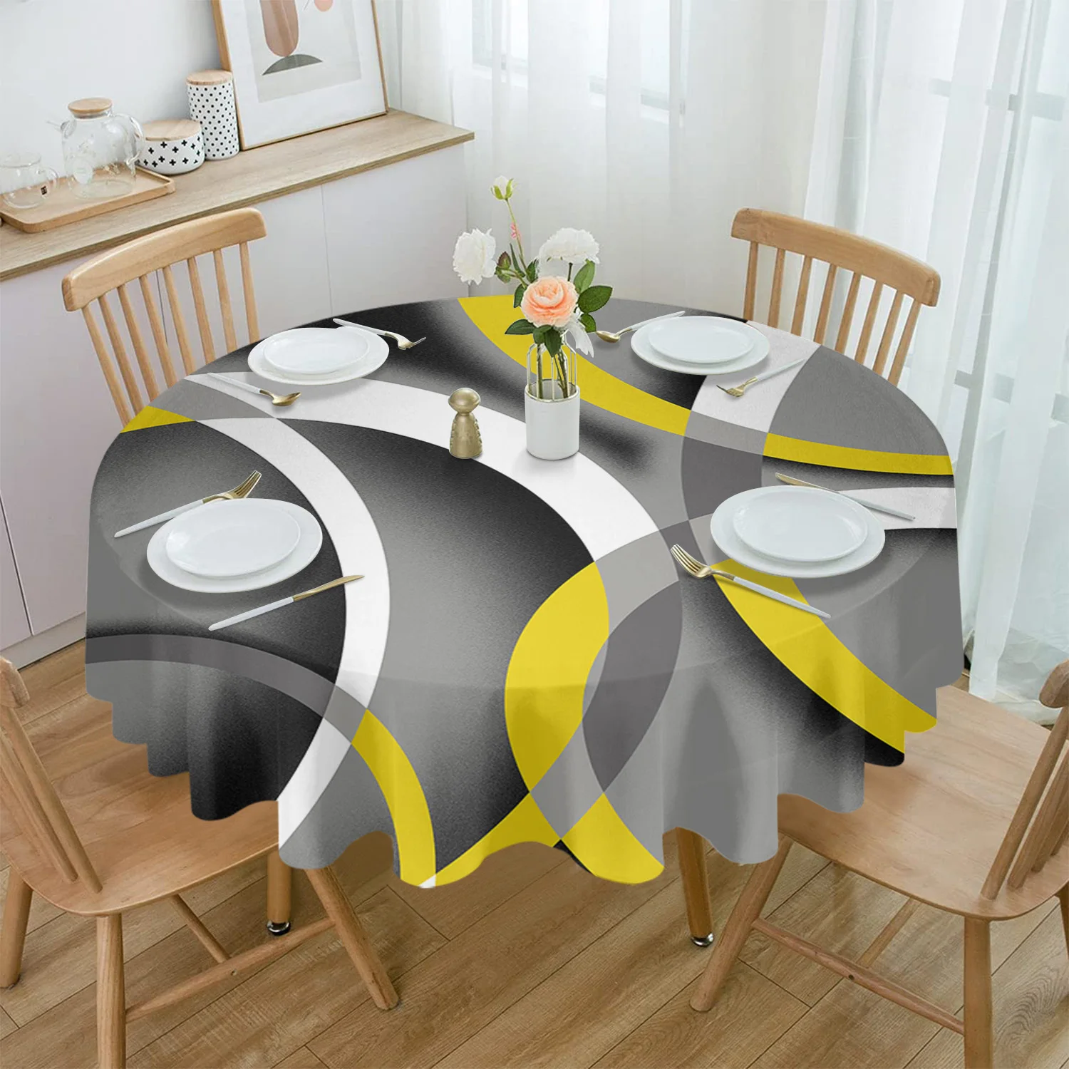 

Abstract Modern Art Geometry Yellow Round Tablecloth Waterproof Table Cover for Wedding Party Decoration Dining Table Cover