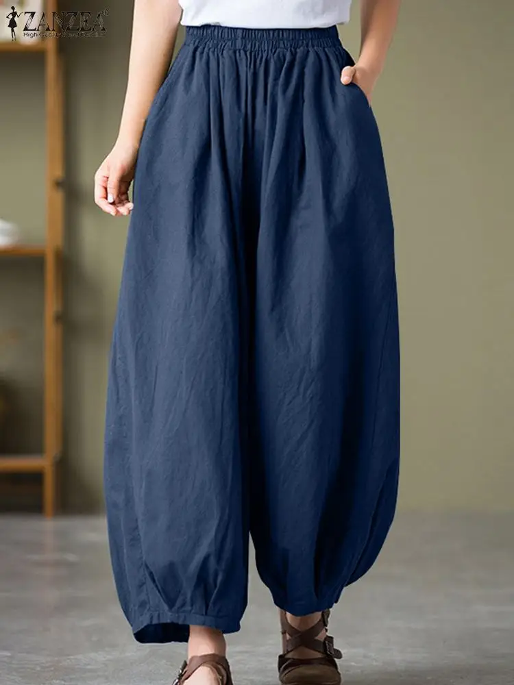 

ZANZEA Summer Trousers Women Fashion Loose Wide Leg Pant Vintage Solid Long Pantalon Palazzo Oversize Capris Casual Baggy Pants
