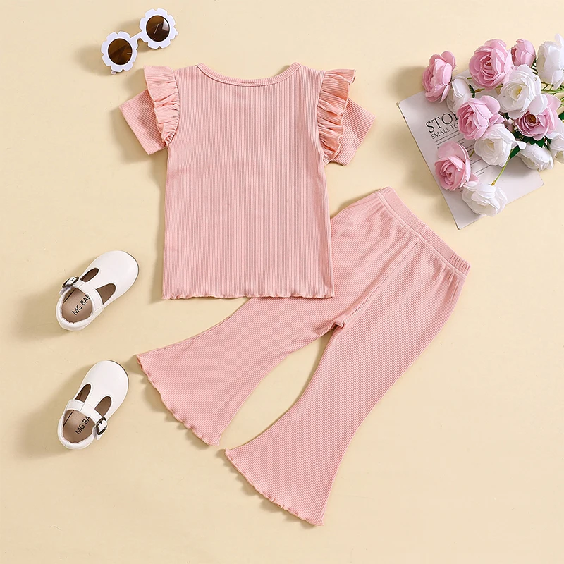 

Kupretty Baby Girl Clothes Summer Solid Knit Ruffle Short Sleeve T-Shirt Tee Flare Pants Set Toddler Bell-bottoms Outfit