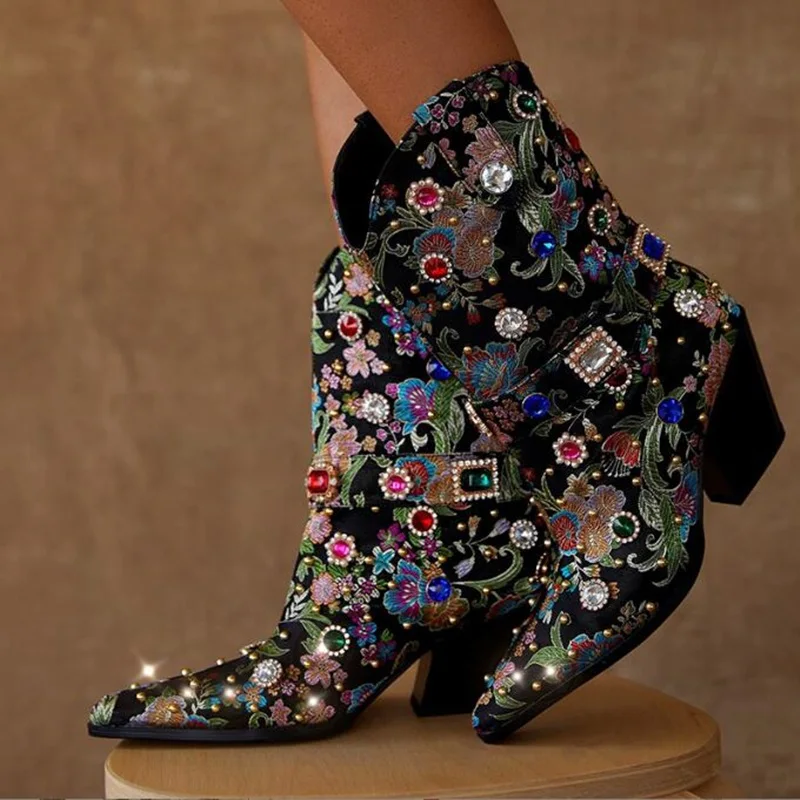 

Retro Embroidery Gemstone Jewel Mid Calf Boots Black White Pink Satin Belt Buckle Strap Block Heels Modern Fashion Boots