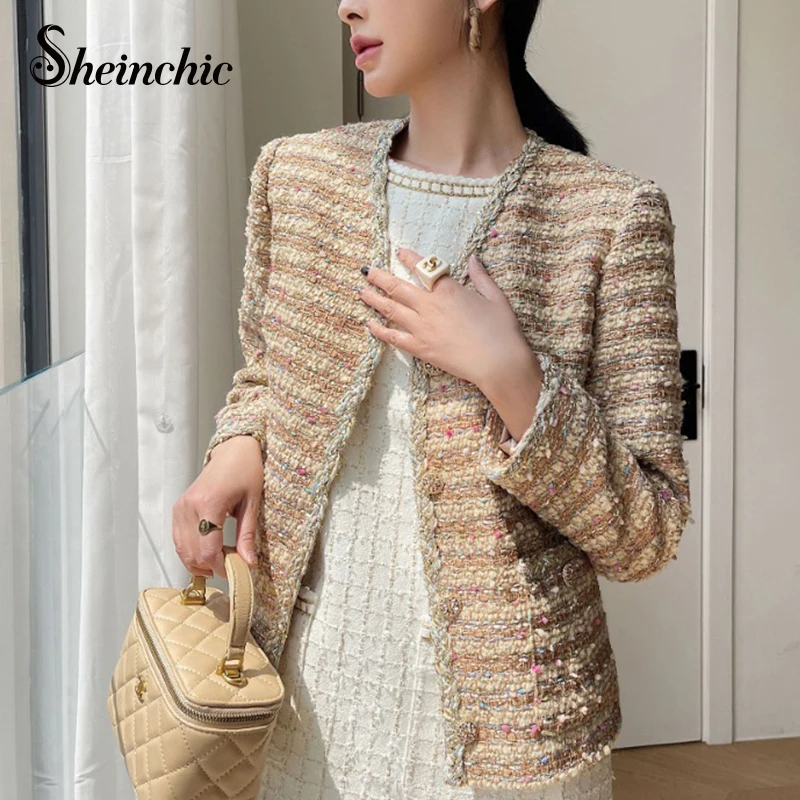 

Luxury Gold Woven Tweed Jacket for Women Elegant Single Breasted Chaquetas Para Mujeres Korean Fashion Jaqueta Feminina 2023