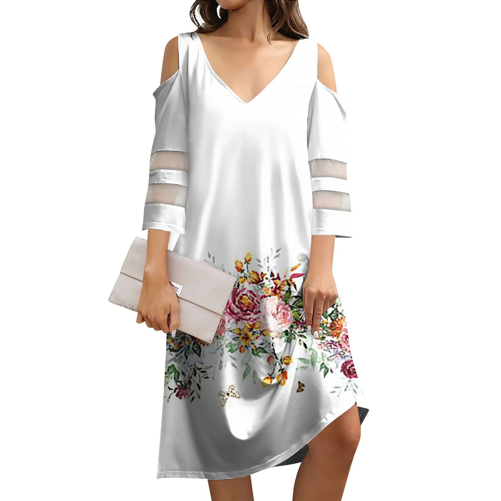 

Women's Summer V-neck Vintage Solid Color Printed Splicing Strapless Seven Sleeve Casual Dresses vestidos baratos con envíos gra