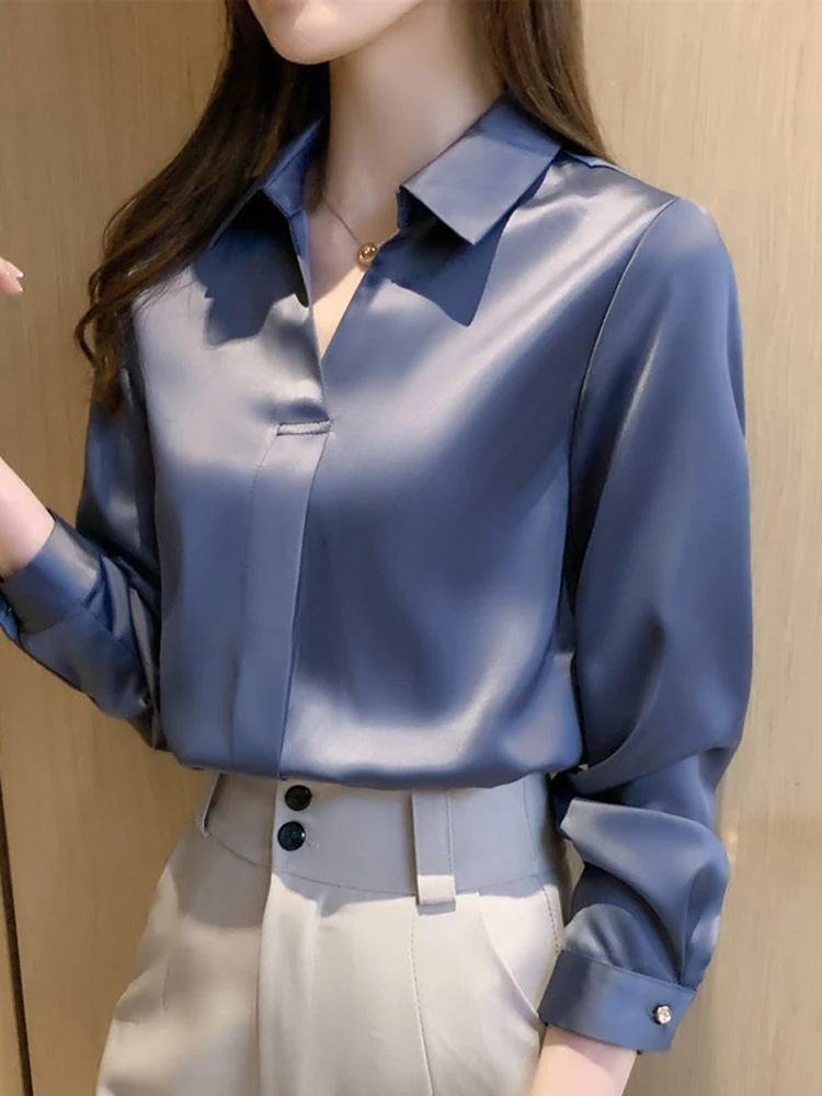 

Женская приталенная офисная рубашка из искусственного шелка, голубая и белая рубашка, женская одежда, атласные топы с длинным рукавом, рубашки для весны и осени