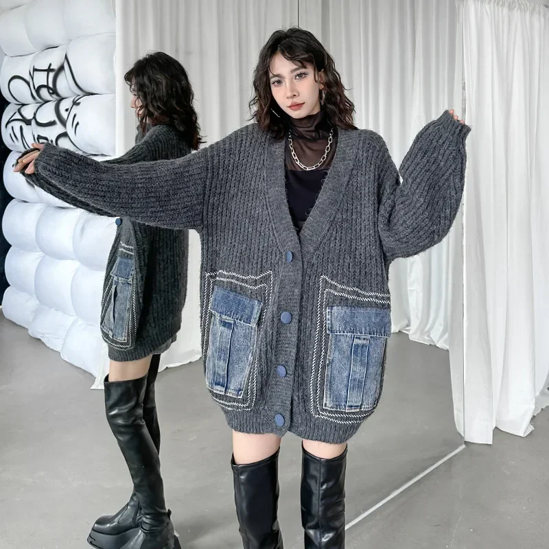 Loose Thick Warm Sweater Denim V-neck Sweater for Women Coats Single-breasted Pocket Ladies Autumn/ Winter V Neck Knitted Coat
Loose Thick Warm Sweater Denim V-neck Sweater for Women Coats Single-breasted Pocket Ladies Autumn/ Winter V Neck Knitted Coat
