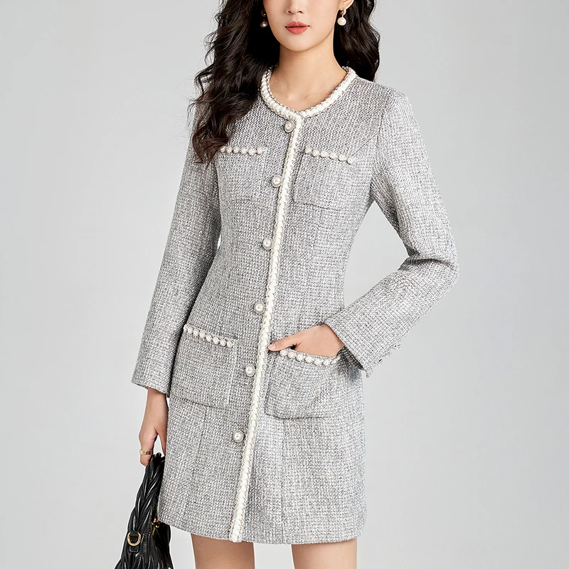 Elegant Fashion Dresses For Women Autumn Winter O-neck Long Sleeve Single Breasted 20% Wool Tweed Office Lady Solid Woolen Dress
Elegant Fashion Dresses For Women Autumn Winter O-neck Long Sleeve Single Breasted 20% Wool Tweed Office Lady Solid Woolen Dress