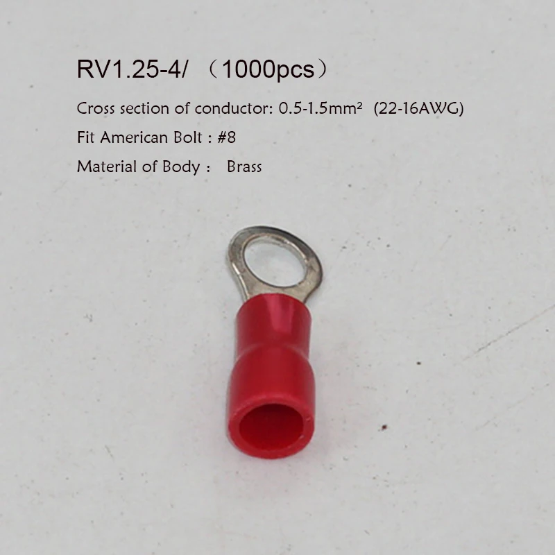 RV1.25-4 1000PCS 22-18 AWG #8 Red Insulated ring Terminals Electrical Crimp Connector
RV1.25-4 1000PCS 22-18 AWG #8 Red Insulated ring Terminals Electrical Crimp Connector