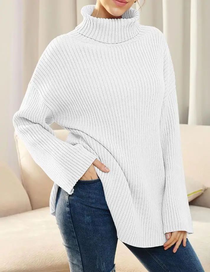 

Women's Sweater 2023 Autumn New Fashion Long Sleeve High Neck Rib Knit Pullovers Top Casual Jumper Basics Female Clothing