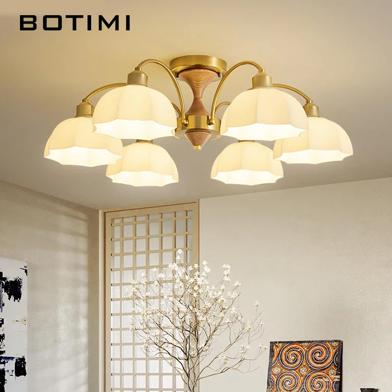 

BOTIMI Modern Solid Wood Chandelier With Glass Lampshades For living Room Metal Arms Bedroom LED Lustres Dining Lights Bedroom