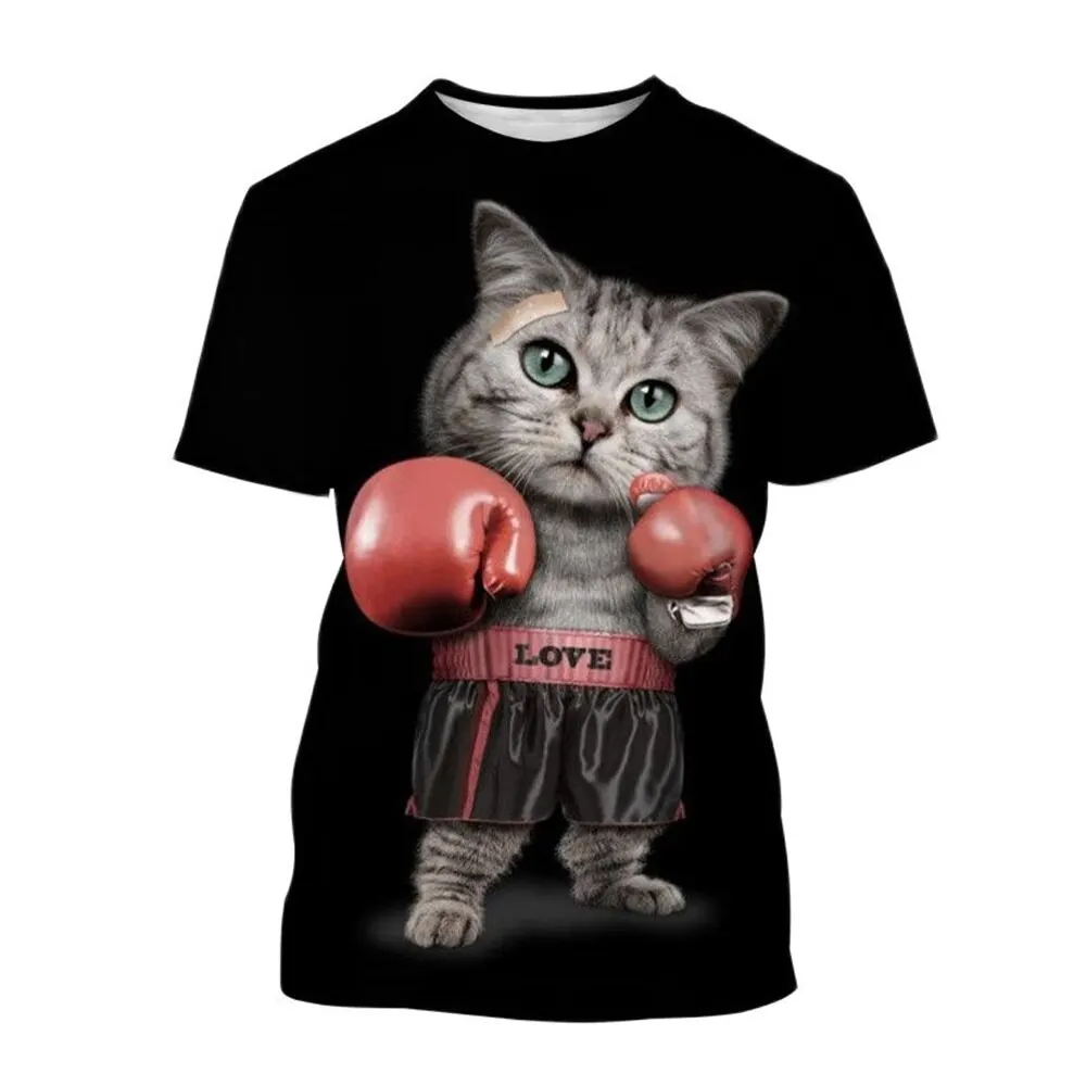 

Футболка мужская с забавным рисунком кошки и бокса, модная уличная одежда с 3D принтом, топ оверсайз с коротким рукавом, на лето