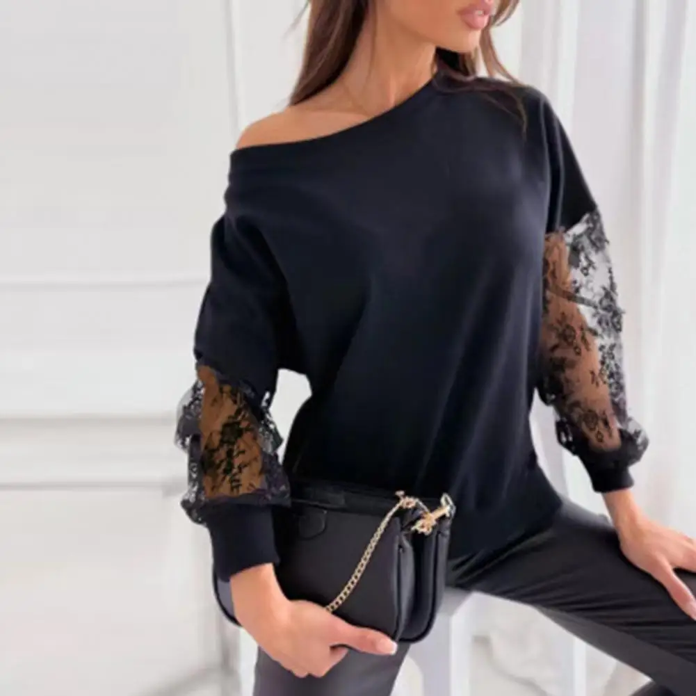 

Women Shirt See-through Lace Patchwork Long Sleeve Flower Embroidery Solid Color One Shoulder OL Commute Style Lady Blouse