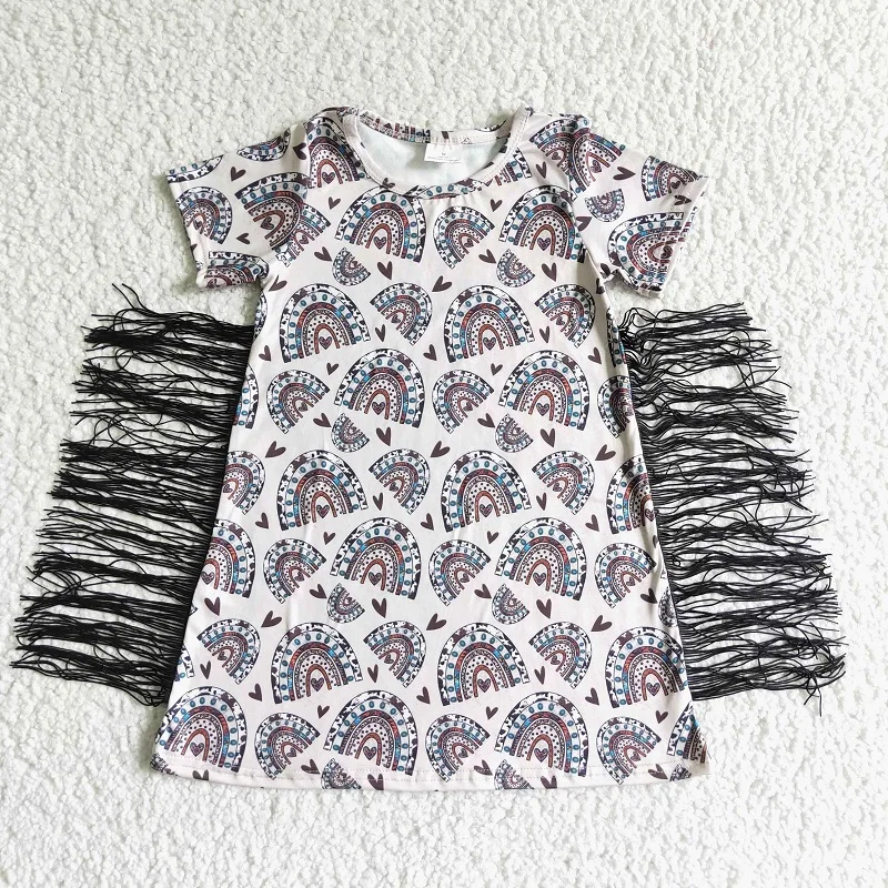

Toddler RTS New Summer Fashion Leopard Print Rainbow Heart Fringe Short Sleeve Dress Wholesale Boutique Baby Girls Skirts