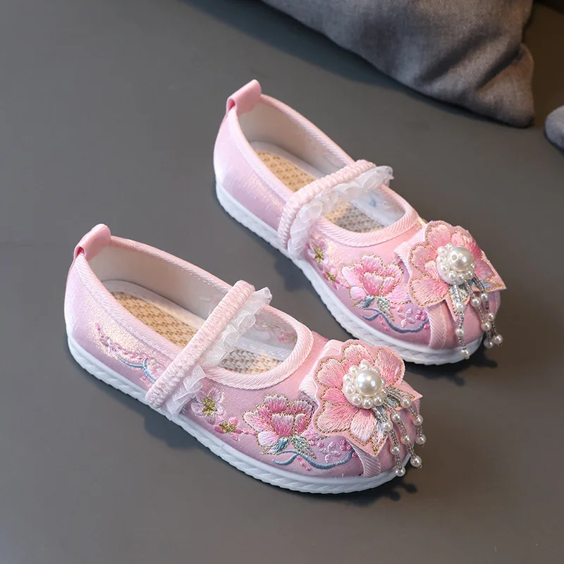 

baby girls hanfu shoes flowers embroidered princess kids shoes beading tassel dancing fringe vintage 25 to 36 size