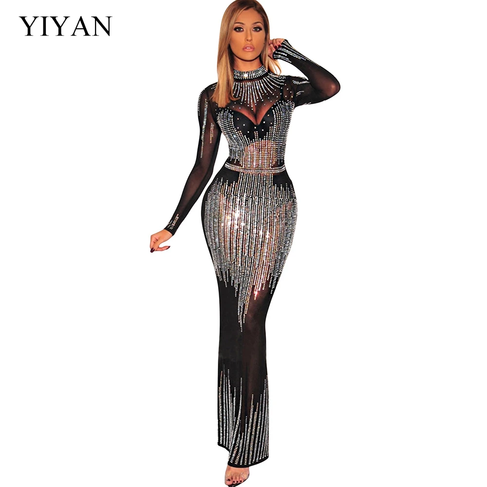 

YIYAN Full Sleeve Crystal Embellished Party Maxi Long Dresses Women Summer Sexy Sheer Mesh Night Club Diamonds Rhinestone Black