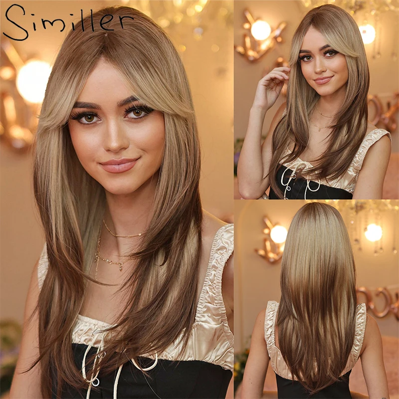 

Similler Женские Длинные Синтетические парики, прямые Термостойкие волосы, коричневый парик с эффектом омбре и челкой