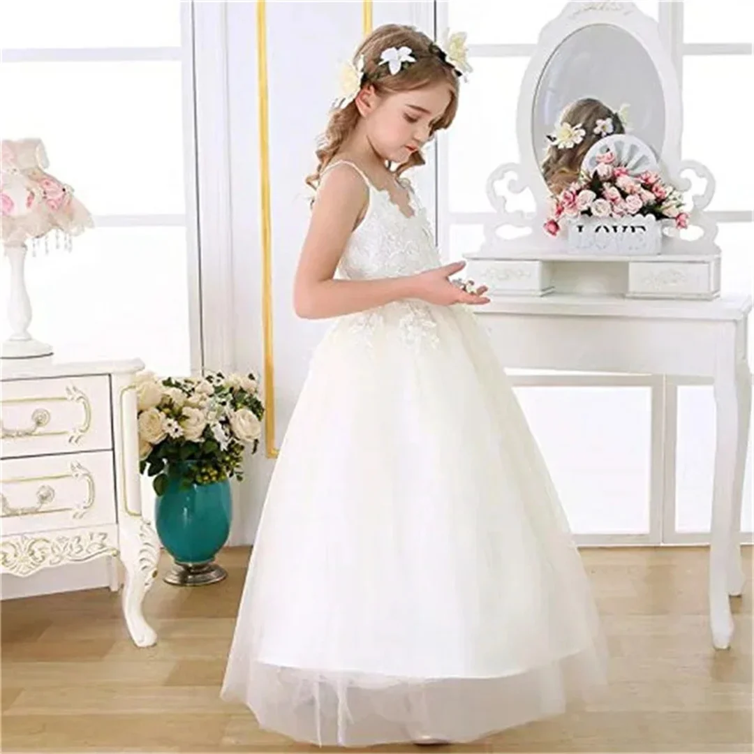 

Flower Girl Dresses White Tulle Puffy Tiered Appliques With Pink Bow Long Sleeve For Wedding Birthday Party First Communion Gown