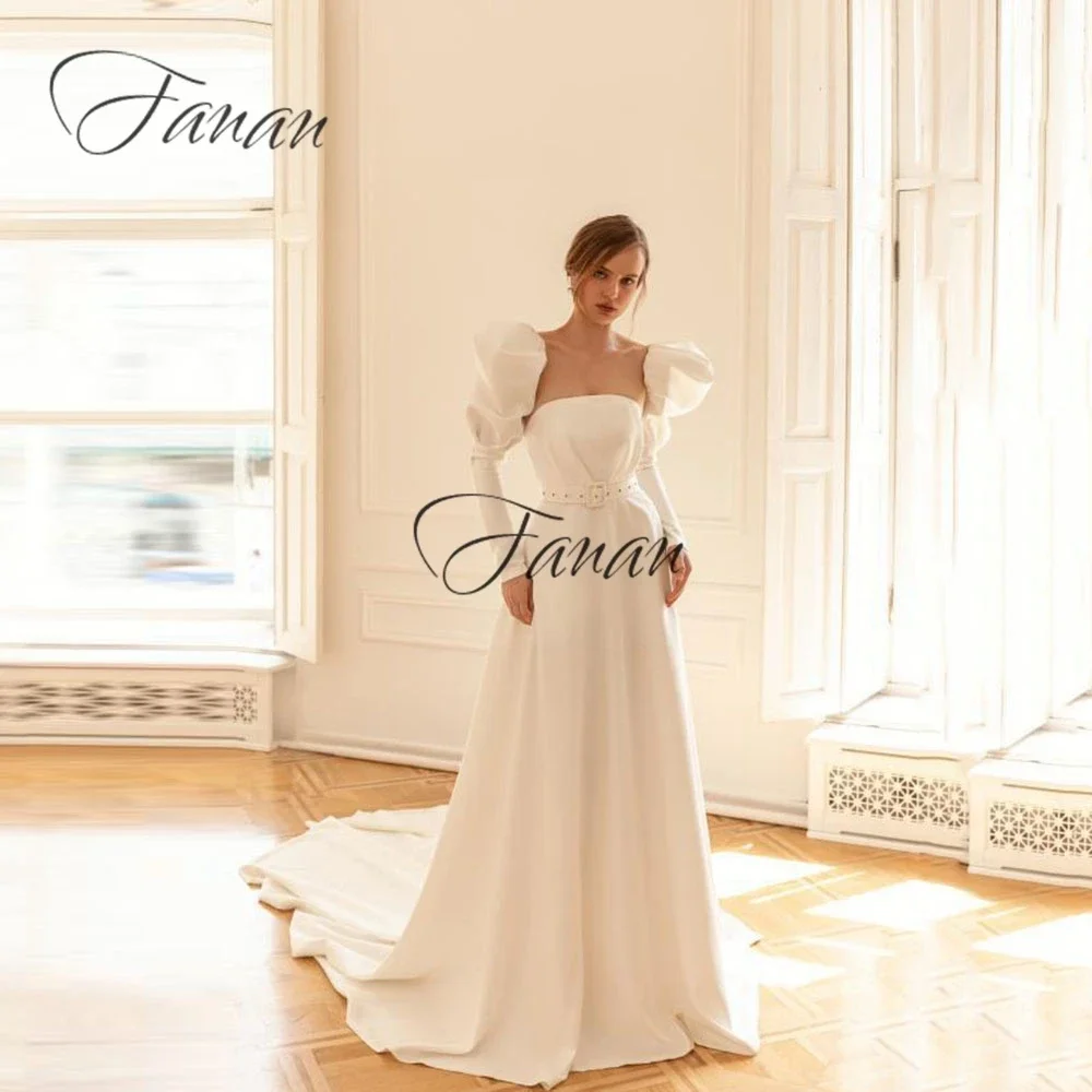 

Простое свадебное платье с пышными рукавами, шифоновое платье-трапеция с квадратным вырезом и шлейфом, платье для невесты с открытой спиной, 2022