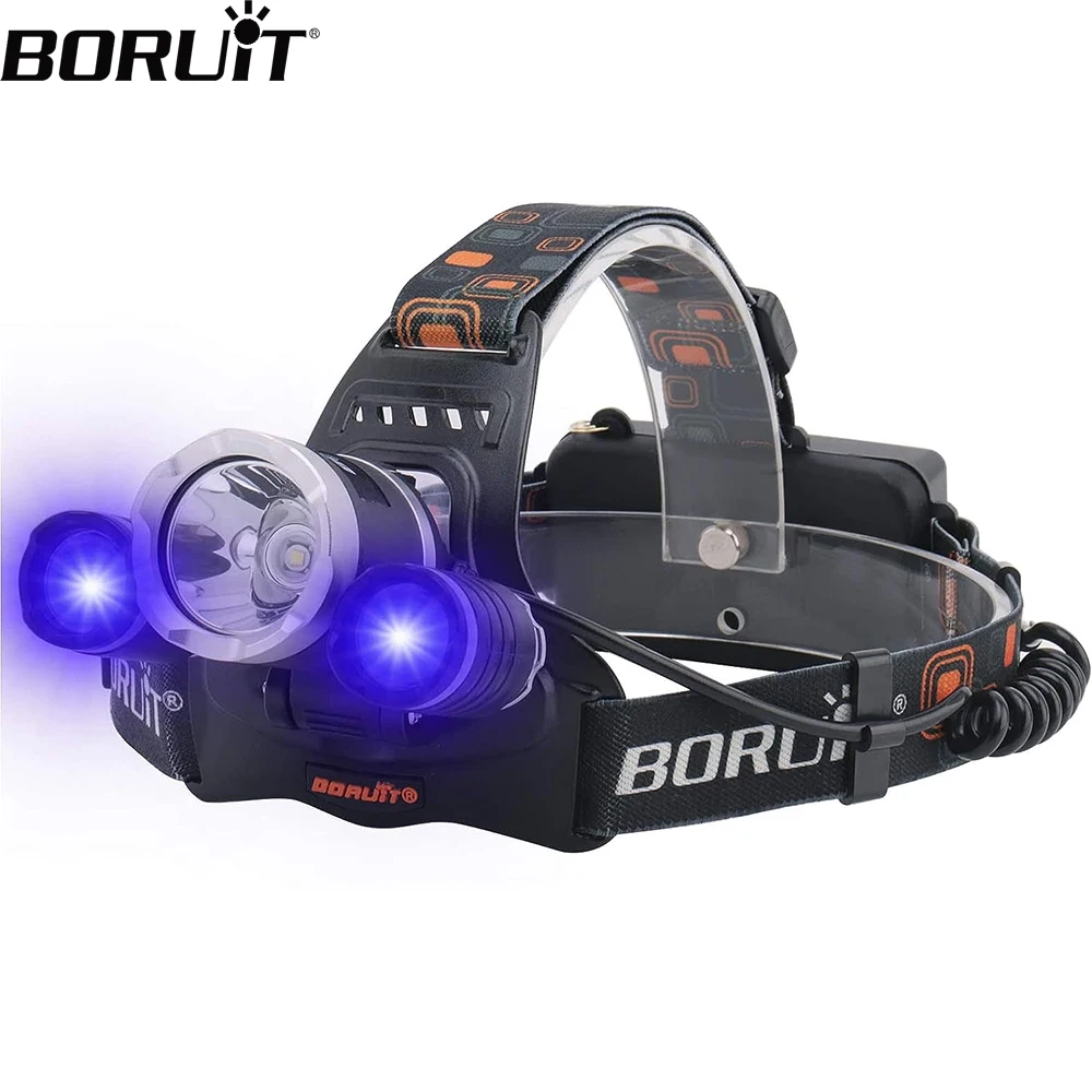 

BORUiT RJ-3000 390nm UV LED Headlamp USB Rechargeable Super Bright Headlight Waterproof Camping Fishing Head Torch Lantern