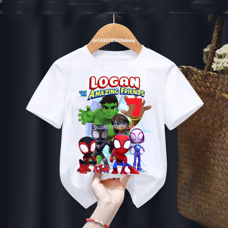 

Kid Spider-Man and His Amazing Friends Birthday Summer Short Sleeve Boys Shirts Superheroe Personalize Name Birthday Boy T-shirt