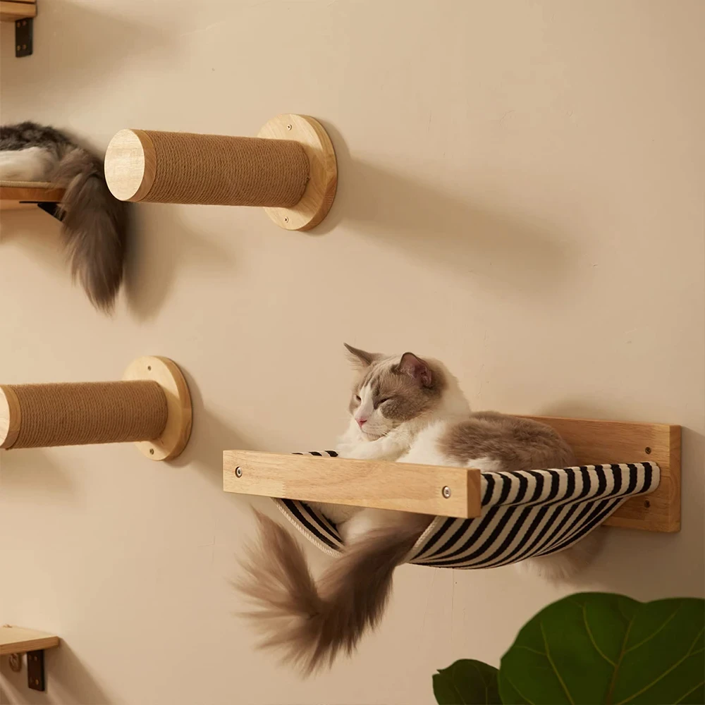 

Cat Wall Mounted Wooden Cat Climbing Shelves Playground Hammock or Platform with Pedal and Scratching Post for Kitten Playing