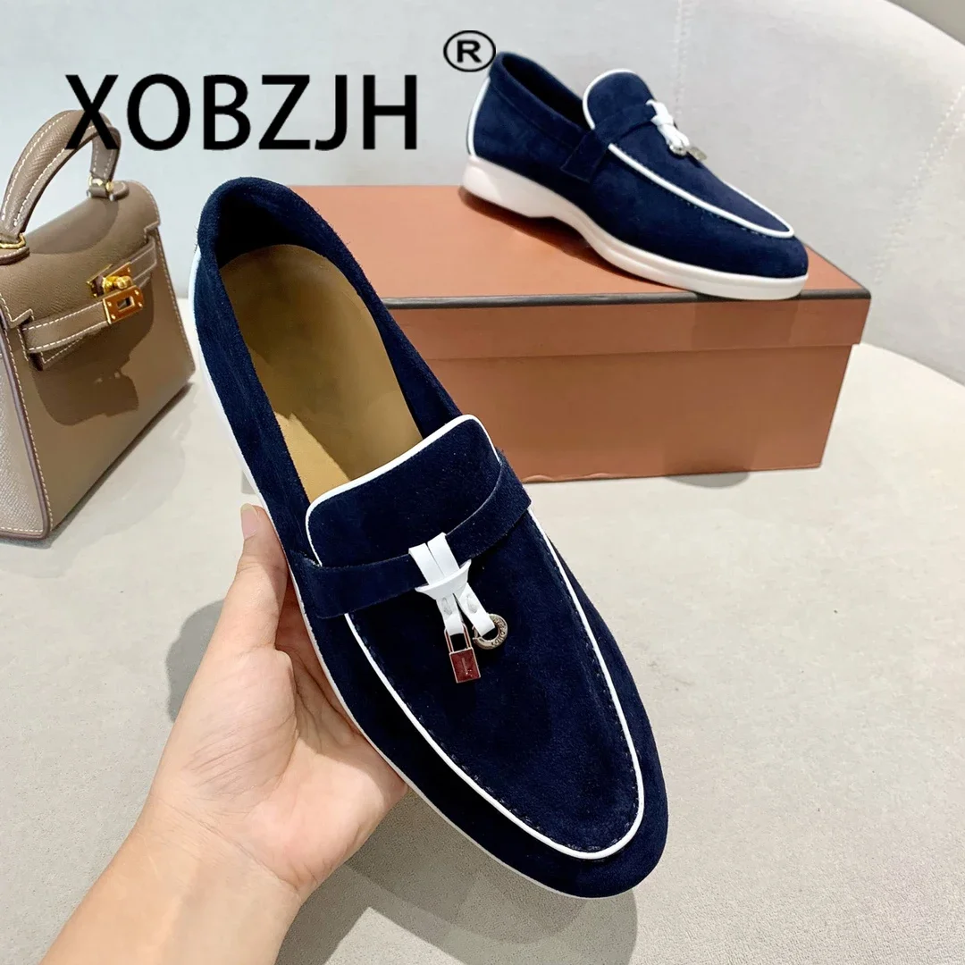 

Loafers Black Suede Genuine Leather Moccasins Summer Women Walk Shoes Causal Metal Lock Tassel Slip On Flats Driving Shoes Black