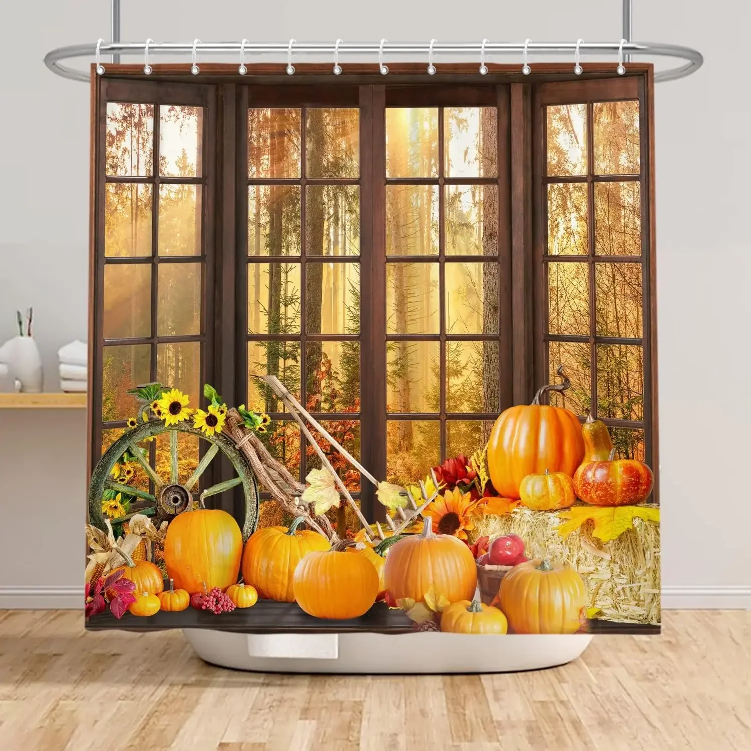 

Fall Shower Curtains Brown Window Pumpkin Haystack Sunflower Maple Leaves Forest Autumn Home Bathroom Curtain Decor with Hooks