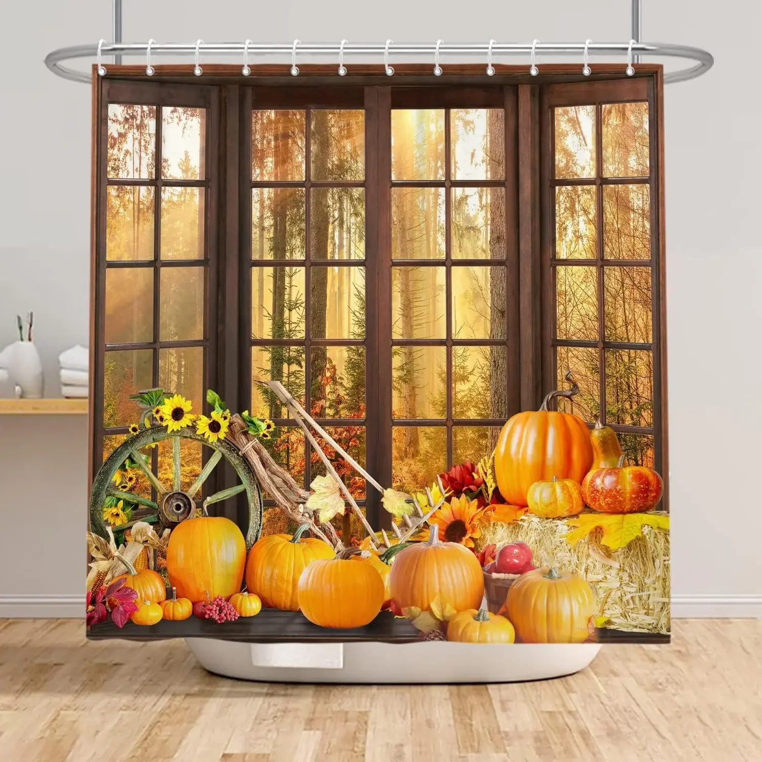 Fall Shower Curtains Brown Window Pumpkin Haystack Sunflower Maple Leaves Forest Autumn Home Bathroom Curtain Decor with Hooks
Fall Shower Curtains Brown Window Pumpkin Haystack Sunflower Maple Leaves Forest Autumn Home Bathroom Curtain Decor with Hooks