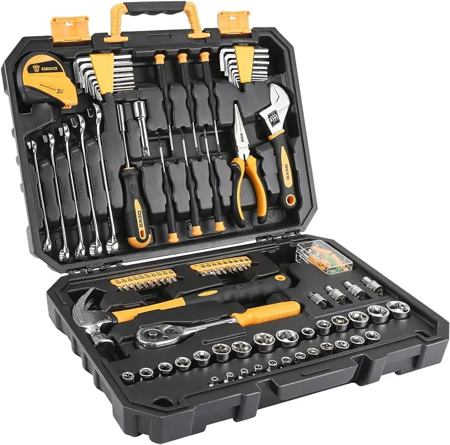 

Набор инструментов DEKOPRO из 128 предметов-общий бытовой ручной набор инструментов, набор инструментов для ремонта автомобиля, с пластиковым ящиком для хранения