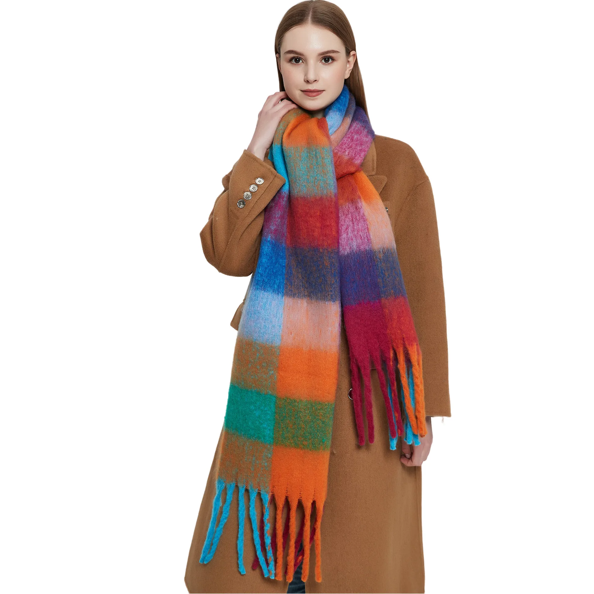 

Autumn And Winter 2023 New Yarn Thickened Shawl Imitation Mohair Thick Beard Colorful Plaid Scarf Warm Fashion Shawl
