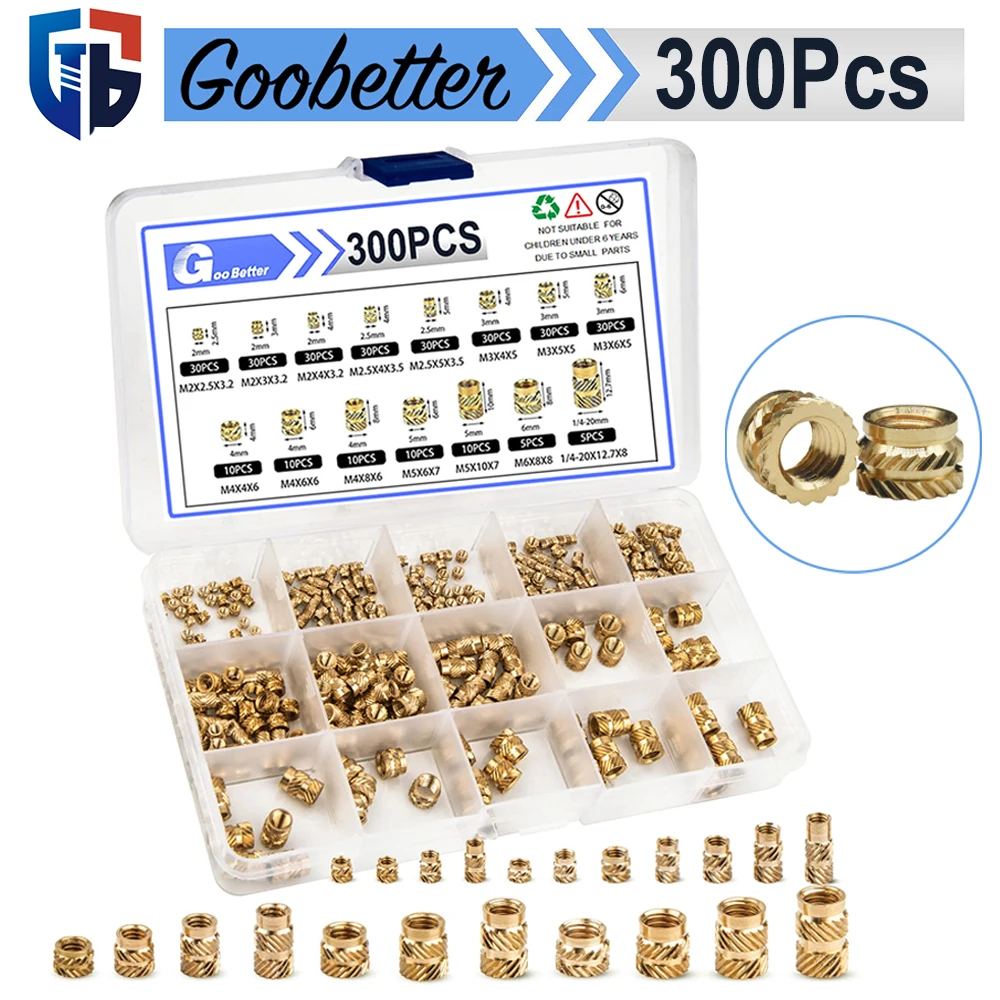 

300Pcs M2 M2.5 M3 M4 M5 M6 1/4 Brass Metric Threaded Inserts for Plastic 3D Printing Components and Plastic Parts