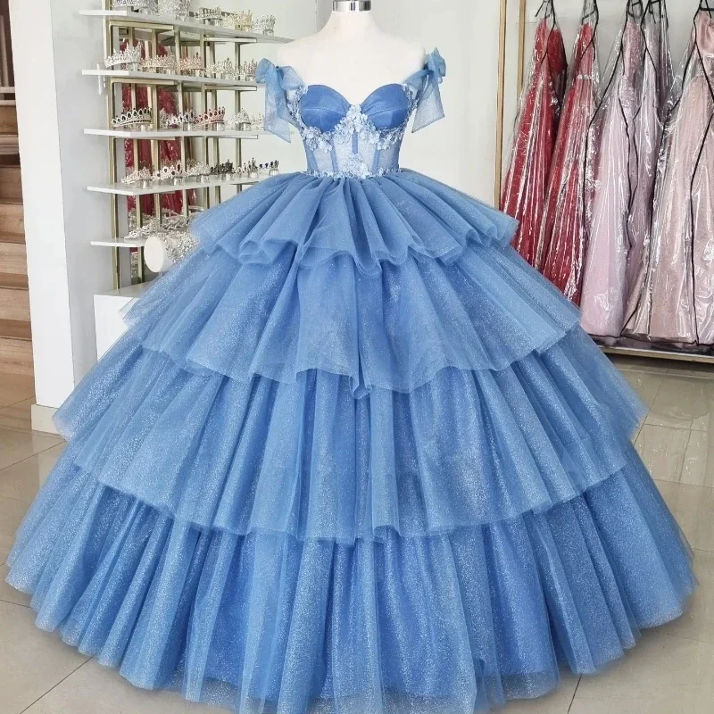 Sky Blue Shiny Quinceanera Dresses Ball Gown Floral Applique Tiered Sweetheart Off the Shoulder Sweet 16 Dresses Birthday Party
Sky Blue Shiny Quinceanera Dresses Ball Gown Floral Applique Tiered Sweetheart Off the Shoulder Sweet 16 Dresses Birthday Party
