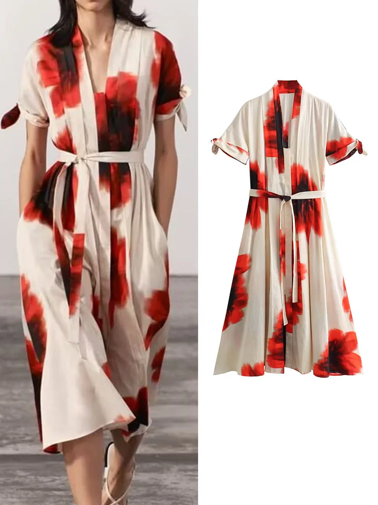 

TRAF Fashion Women Printed Mid-Calf Dress With Belt 2024 Spring Ladies V-neck Party Dress Vintage Casual Beach Style Dress