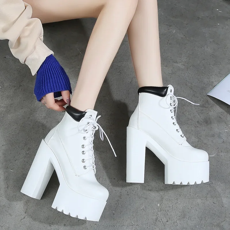 

14CM Spring Autumn Women Shoes Black High Heels Boots Lacing Platform Ankle Boots Chunky Heel Leather size34-39