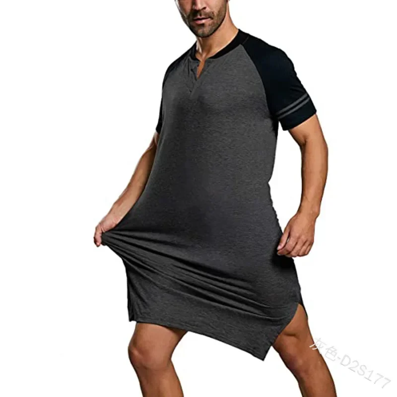 

Plus Size Mens Nightgown Fashion Patchwork Sleep Robe Solid Sleepwear Man Short Sleeve Bathrobe Loose V Neck Nightwear Onesie